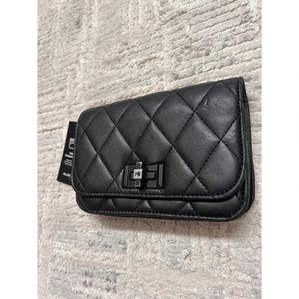 ALDO Black Quilted Faux Leather Clutch‎ Bag Multi Compartment